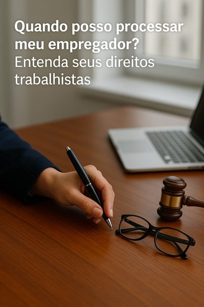 Pessoa com caneta na mão ao lado de martelo jurídico, ilustrando dúvida sobre processar empregador.
